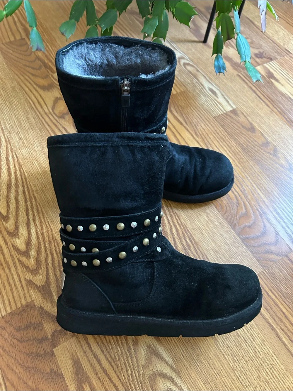 UGG black suede, shearling fur, studded, mid-calf boots